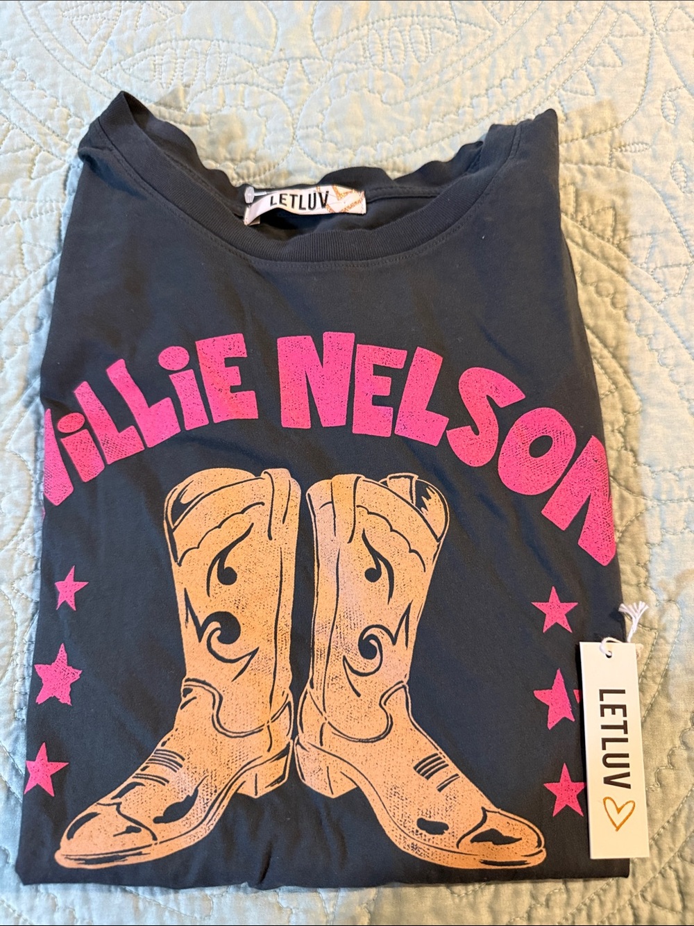 Letluv Willie Nelson Graphic women’s Tee - Black with Pink & Tan Boots. NWT